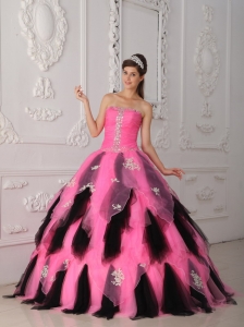 Princess Pink and Black Quinceanera Dress Appliques