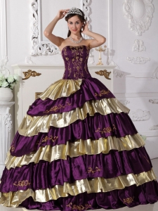 Purple and Gold Ball Gown Quinceanera Dress Embroidery