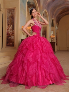 Hot Pink Ball Gown Quinceanera Dress Halter Embroidery