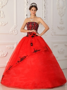 Satin Organza Quinceanera Ball Gown Dress Red and Black