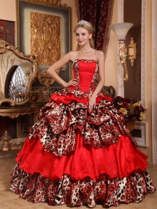 Leopard Red Ball Gown Strapless Pick-ups Quinceanera Dress