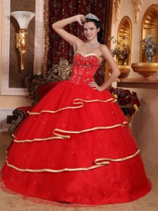 Satin Tulle Ball Gown Beading Red Quinceanera Dress