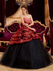 Red and Black Zebra Hand Made Flowers Quinceanera Dress