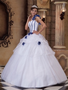 One Shoulder White Hand Made Flowers Quinceanera Dress