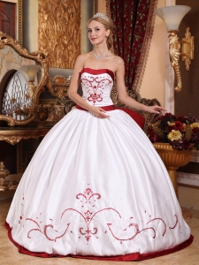 Strapless Embroidery Quinceanera Dress White and Red