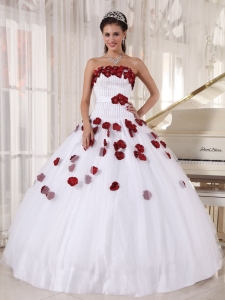 White and Wine Red Ball Gown Strapless Hand Made Flowers