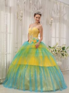 Yellow and Blue Tulle Beading Ruch Quinceanera Gown Dress