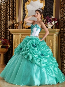 Turquoise Sweetheart Hand Made Flowers Dress for Quinceanera