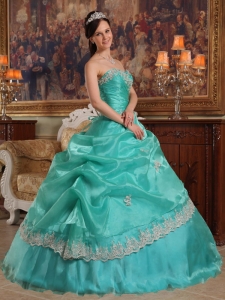 Sweetheart Pick Ups Appliques Organza Turquoise Quinceanera Gown
