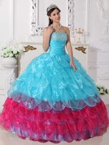 Aqua Blue and Hot Pink Organza Appliques Sweet 16 Dress