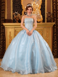 Light Blue Strapless Organza Overlay Beading Dress for Quinceanera
