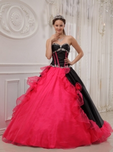 Sweetheart Red and Black Appliques Dress for Quinceanera