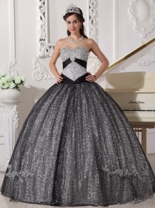 Appliques Black Sequined Quinceanera Dress Sweetheart Tulle