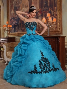 Teal Beading and Pick-ups Quinceanera Dress with Black Appliques