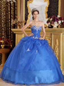 Blue Ball Gown Sweetheart Organza Appliques Quinceanera Gown