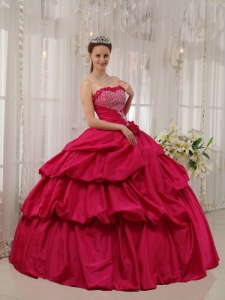 Coral Red Ball Gown Strapless Taffeta Beading Quinceanera Gown