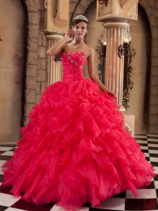 Coral Red Quinceanera Dress Ball Gown Sweetheart Ruffles Organza