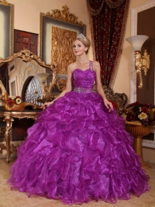 Purple One Shoulder Organza Beading Quinceanera Dress