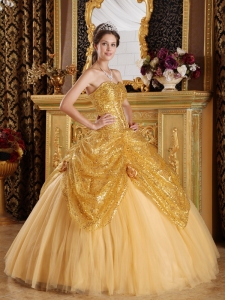 Gold Sweetheart Sequined and Tulle Handle Flowers Quinceanera Dress