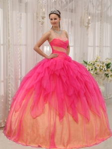 Hot Pink and Orange Organza Beading Sweet 15 Dress