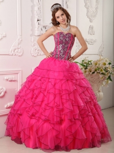 Hot Pink Ruffles Sweetheart Beading Sweet 15 Dress