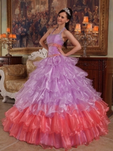 Lavender and Pink Halter Organza Beading Quinceanera Dress