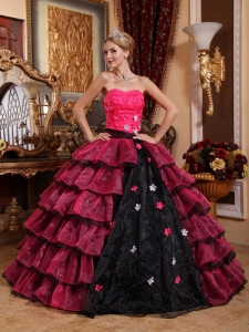 Pink and Black Appliques Quinceanera Dress Handle Flowers