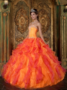 Orange and Pink Sweetheart Ruffles Organza Sweet 16 Dress