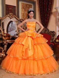 Orange Organza Ruffles Quinceanera Dress Ball Gown Bow