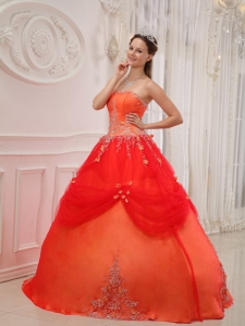 Orange Red Strapless Taffeta and Tulle Appliques Quinceanera Gown