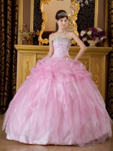 Baby Pink Ball Gown Strapless Beading Sweet 15 Dress