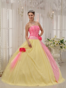Pink and Yellow Taffeta and Tulle Hand Made Flowers Quinceanera Gown
