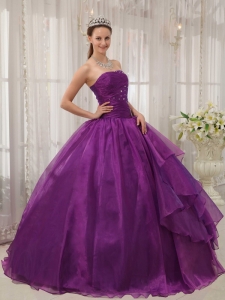 Purple Ball Gown Strapless Organza Beading Sweet 15 Dress