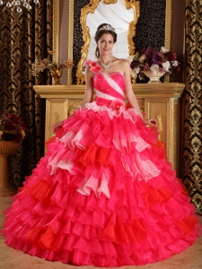 Two Pink Shades One Shoulder Ruffles Beading Quinceanera Gown