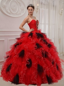 Beading Ruch Sweetheart Quinceanera Dress Red and Black