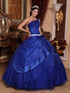 Royal Blue One Shoulder Organza Beading Quinceanera Gown