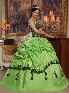 Spring Green Quinceanera Dress with Spaghetti Straps Appliques Taffeta