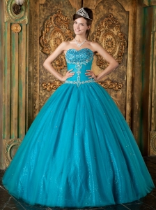 Teal Sweetheart Embroidery Beading Tulle Quinceanera Dress