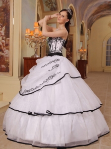 White and Black Ball Gown Organza Embroidery Quinceanera Gown