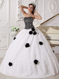 White and Black Sequins and Hand Made Flowers Quinceanera Gown