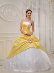 Yellow and White Taffeta and Tulle Beading Quinceanera Dress