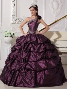 One Shoulder Dark Purple Appliques and Pick-ups Quinceanera Gown