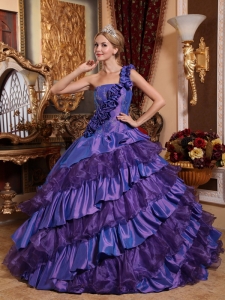 Luxurious Purple One Shoulder Hand Made Flowers Sweet 16 Dress
