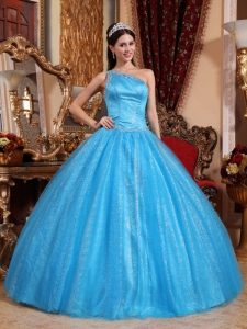 Blue One Shoulder Tulle and Taffeta Beading Quinceanera Gown