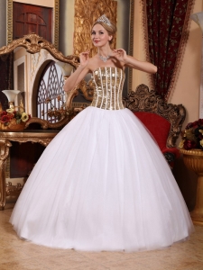 Unique Gold and White Squins Quinceanera Dress with Boning Details