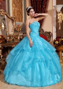 Organza Beading Quinceanera Dress Aqua Blue Ball Gown