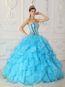 Strapless Appliques Baby Blue Quinceanera Ball Gown