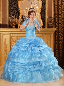 Sweetheart Organza Appliques Baby Blue Quinceanera Dress