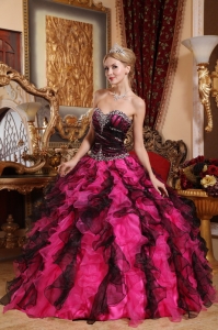 Beaded Ruffles Black and Red Organza Quinceanera Dress