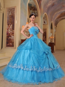 Baby Blue Sequins Quinceanera Dress Strapless Bows Beading